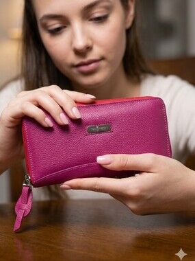 Two Pretty Handcrafted Zippered Fuchsia Leather Wallet